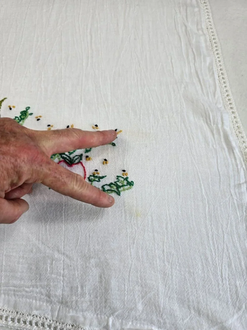 Vintage Hand-Embroidered Cotton Tablecloth Tea Towel Apple Basket Design Crochet